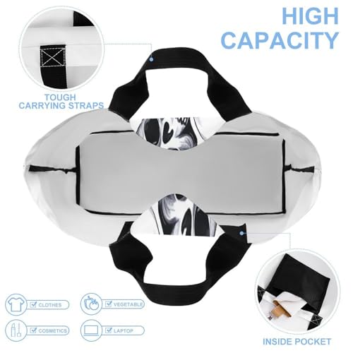 Black Skull Pattern on White Background Large Grocery Tote Bag Women Fashion Handbag Duty Reusable Shoulder Bag for Travel Vacation Shopping Beach Bags4