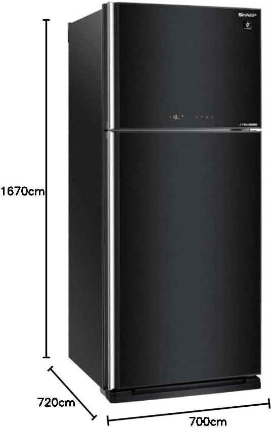 Diagram showing the dimensions of the SHARP SJ-GV58G-BK refrigerator: 1670cm height, 700cm width, and 720cm depth.