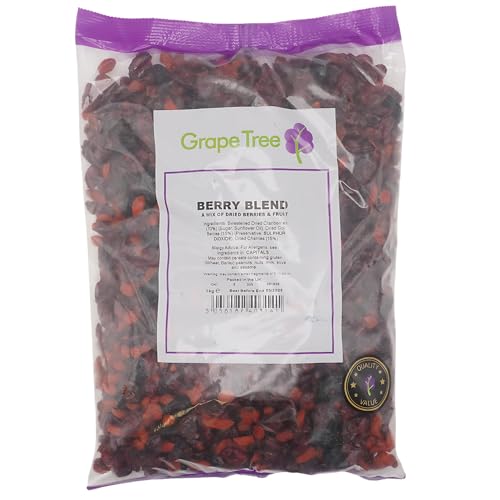 Grape Tree Berry Blend 1kg. A Mix of Dried Cherries Cranberries and Goji Berries. Perfect for Adding to Cereal Yogurt Muesli and Granola. Dried Fruit for Snacking and Baking.