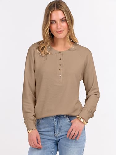 Image of ANRABESS Women's Waffle Knit Henley Top Long Sleeve Shirts