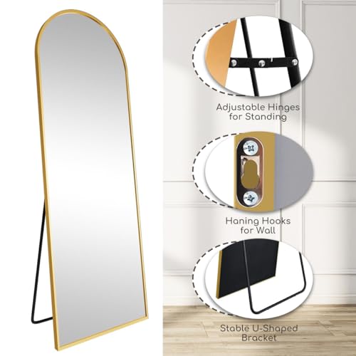 58x18 Gold Arched Full Length Mirror with Stand for Bedroom, Living Room, and Entryway