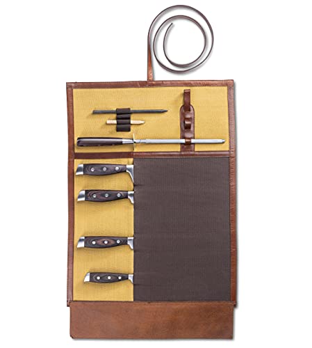 Angus Stoke Sac à couteaux de chef de qualité supérieure - En cuir - Grand rouleau de couteau de chef - Sac de cuisine Charles (marron/crème) Cover