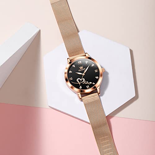 Image of OLEVS Rose Gold Watch for Women Mesh Strap Fashion Dress Hearts Japanese Quartz Waterproof Luminous Ladies Watches Bracelet Sets