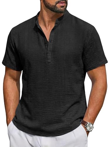 Image of Runcati Mens Casual Henley Shirt Short Sleeve Band Collar Textured Shirts Summer Beach Hippie T-Shirts