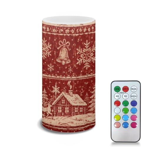 Image of Poceacles Christmas Decor Flickering Flameless LED Battery Candles Pillar Candles Tealight with 18-Key Timer Remote with Colorful Light, Christmas Landscape Print Red
