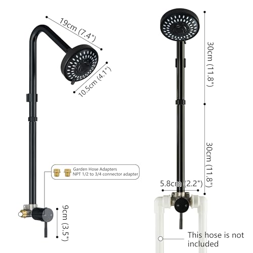 Kit de ducha exterior, ducha exterior con control de una manija y cabezal de ducha | Instalación para exteriores de alta presión con conexión para manguera y válvula en acabado negro mate miniatura 4