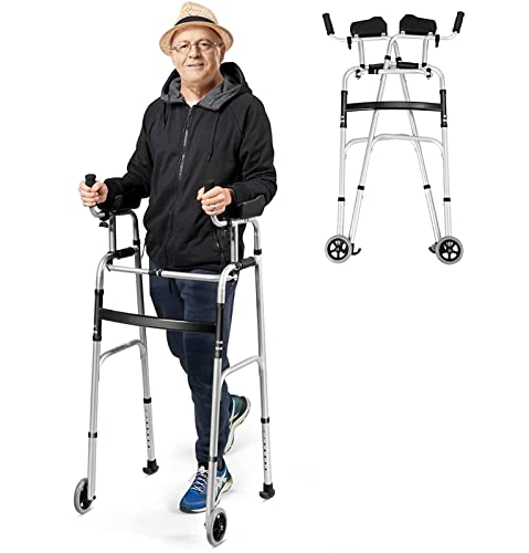 Walking Frame, Folding Standard Walker with Wheels and Detachable Armrest Pad, Height Adjustable Assisted Walking Aid,Suitable for the elderly and disabled A