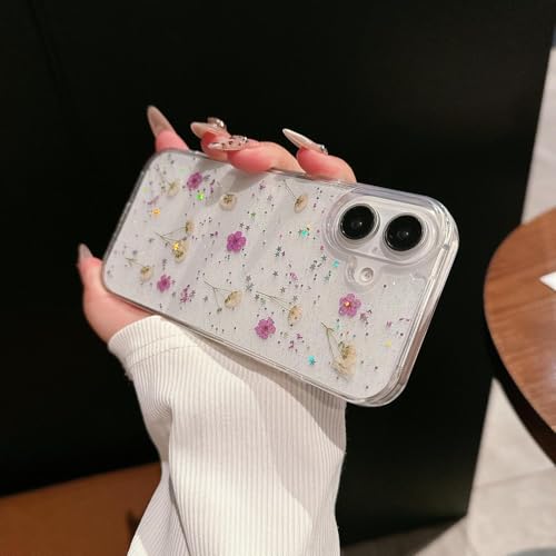 Coque iPhone 17 fleurs véritables paillettes caoutchouc transparent - 6