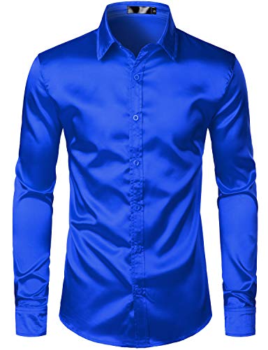Image of ZEROYAA Men's Luxury Printed Silk Like Satin Button Down Dress Shirt for Party Prom