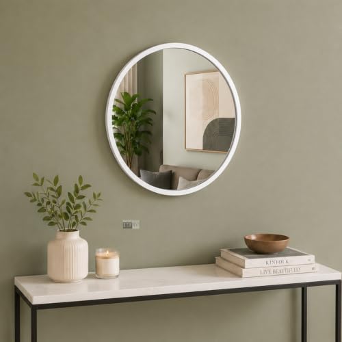 Image of Ali.G.I Round Wall Mirror, Modern Metal Framed Decorative Circle Vanity Mirror for Bathroom, Living Room, Bedroom & Entryway (White 18 inch)