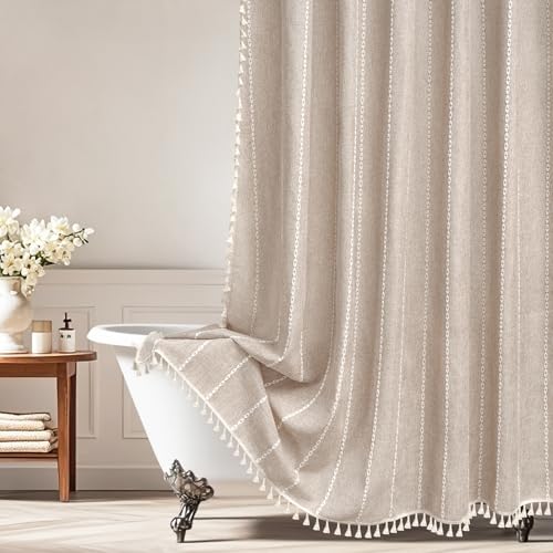 Boho Farmhouse Linen Shower Curtain with Tassels, Tan Brown Heavyweight Soft Fabric Shower Curtain Striped, 72 x 72 Inch Taupe Water Repellent Rustic Country Bathroom Curtain Wrinkle-Free Ta