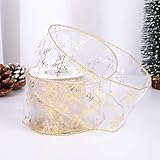 Christmas Ribbon 10M Xmas, Christmas Tree Ribbons for Crafts 6.3cm in Width Snowflake Pattern, Organza Ribbon for Gift Wrapping Party Decoration (White&Goldr) - Image 1