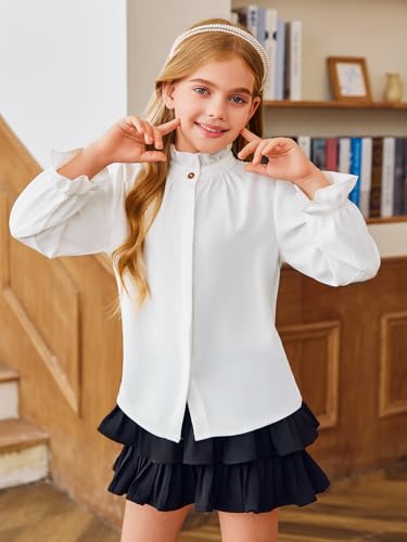 Haloumoning Girls Ruffle Long Sleeve Blouse Kids Button Down Uniform Dress Shirts 5-14 Years2
