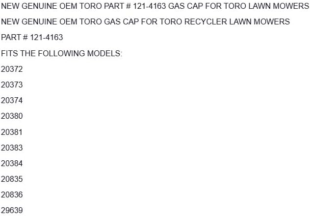 Replacement for Toro Genuine Part # 121-4163 Gas Cap for Lawn MOWERS OEM