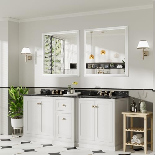 Image of 36x36 Inch White Bathroom Mirror for Wall, Thick Metal Framed Rectangle Mirrors for Over Sink, Bedroom, Living Room, Entryway, Anti-Rust, HD Tempered Glass