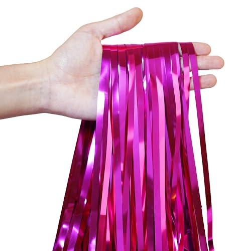 Image of Hot Pink Party Streamers Backdrop - GREATRIL Shiny Fuchsia Tinsel Foil Fringe Curtain for Birthday /Flamingo /Fancy /Galentine /Breast Cancer Awareness Decorations - 3.2ft X 8.2ft - 2 Packs
