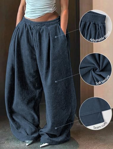 ZAFUL Women's Corduroy Pants Baggy High Waisted Wide Leg Pants Retro Loose Fit Casual Trousers with Pockets Navy Blue2