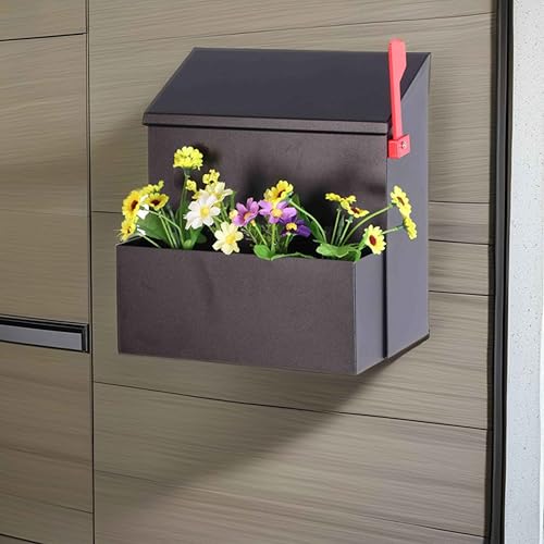 Image of Wall Mount Mailbox with Flower Planter - Black Large Capacity Security Wall Mounted Mailbox - Waterproof Vertical Drop Mail Box Outdoor