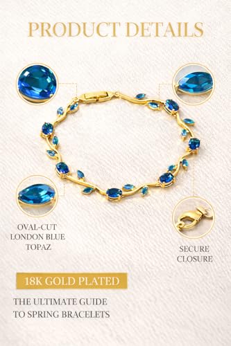 Image of VIEN 18k Gold Plated Vine Leaf Bracelet for Women, Blue Sapphire Crystal Marquise Cut Link Bracelet, Adjustable Nature-Inspired Floral Jewelry for Weddings, Anniversaries, and Special Occasions