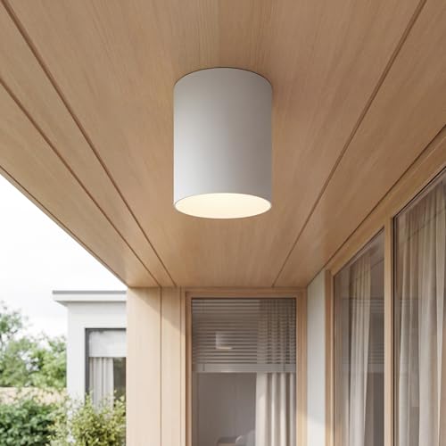 Image of Progress Lighting 5-Inch Cylinder Outdoor Ceiling Light, 1-Light Modern Flush Mount Ceiling Fixture, Interior and Exterior Lighting for Home or Porch, Aluminum Construction, White, P5774-30