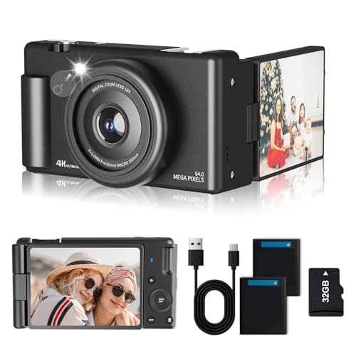 4K Digital Camera 64MP Auto Focus Retro Vlogging Camera for YouTube with 2.8 270 Flip Screen Compact Point and Shoot Camera with 32GB Card 2 Batteries & 16X Zoom for Beginners/Travel