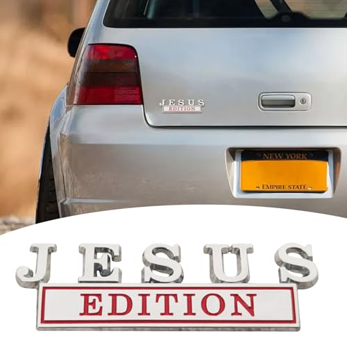 Image of 1pc 3D Raised Letter Jesus Edition Emblem Car Decal - Metal Sticker for Vehicles, Trucks, Motorcycles, SUV - Door Tailgate Bumper Badge Auto Decoration (Silver and red)