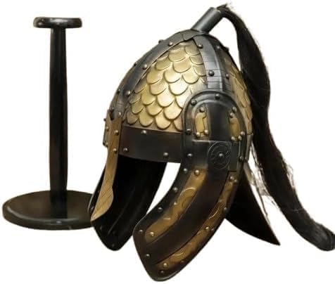 Viking Dragon Scale Helmet 18G Steel Black Gold Horsehair Plume LARP Cosplay