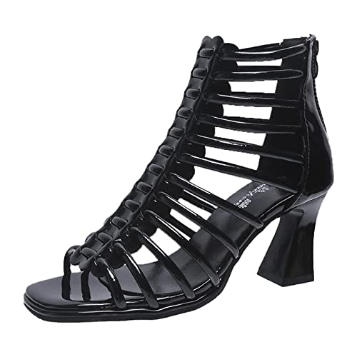 Women's Fashion Open Toe Gladiator Chunky Heel Sandals Hollow Strap Back Zipper Roman Sandals Business Masquerade Birthday Party High Heels
