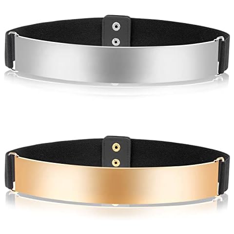 2 Pieces Women Elastic Mirror Metal Waist Belt Fashion Vintage Stretch Wide Waist Belt Metallic Waistband for Women Dress Decoration, Gold / Sliver Cover