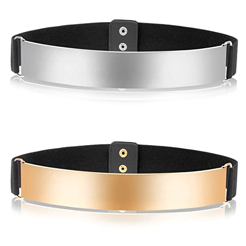 2 Stück Frauen Elastischer Spiegel Metall Taillengürtel Mode Vintage Stretch Breiter Taillengürtel Metallic Bund für Frauen Kleid Dekoration, Gold/Silber Cover