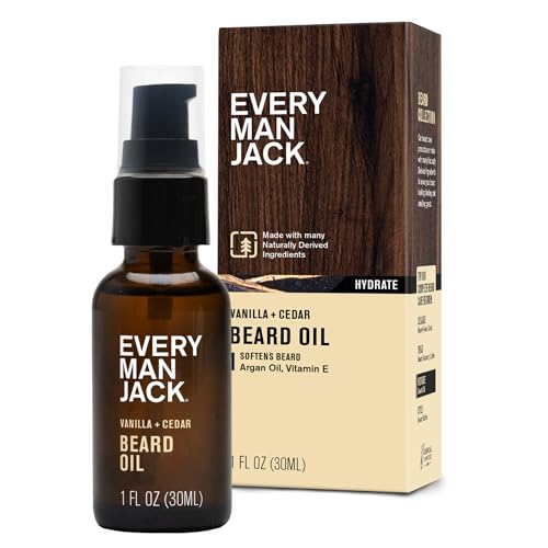 Every Man Jack Mens Beard Oil - Vanilla + Cedar Fragrance - Deeply Moisturizes and Softens Your Beard and Adds a Natural Shine - Naturally Derived with Shea Butter and Argan Oil - 1 fl oz
