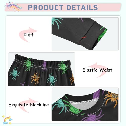 Pajama Sets Long Sleeve Colorful Spiders Black Background Soft Comfy Sleepwear 2 Piece PJS 3-8T4