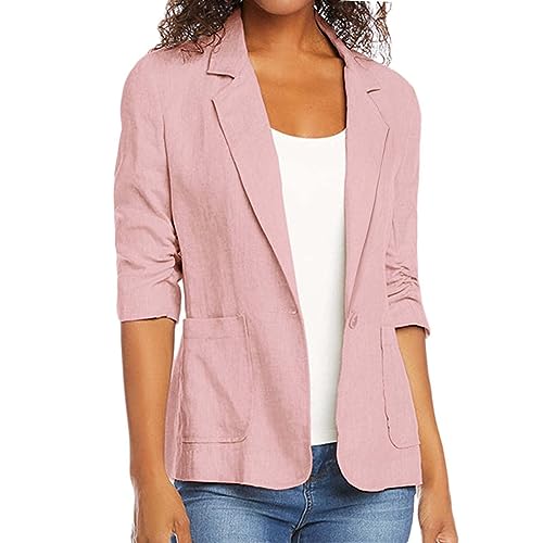 Women Cotton Linen Blazer Summer Lightweight Button 3/4 Sleeve Cardigan Business Casual Suit Jacket with Pockets2