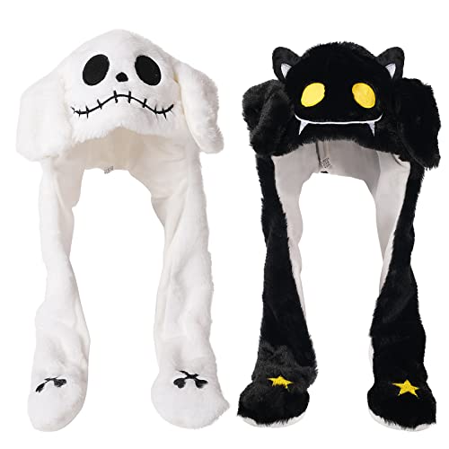 YC JILAI 2 Pack Ear Moving Jumping Hat Funny Plush Bat Ghost Hat Cosplay Costume Accessories Earflaps Movable Ears Hat for Christmas Halloween Party Unisex?2 Style White Black?