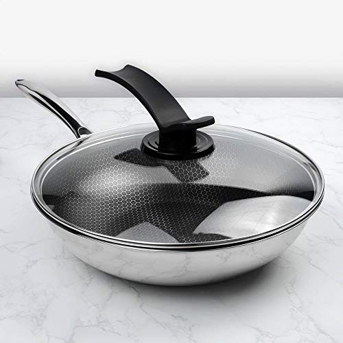 Hutch Kitchen | AL-P Series Hybrid Stainless Steel Nonstick Wok With Raised Honeycomb Pattern | Includes Standing Ventillated Glass Lid | Scratch Resistant | 3-Ply Bonded | 12 Inch Wok