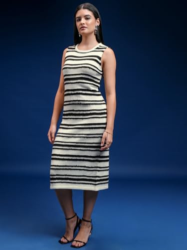 Image of Tokyo Talkies Women Tofu & Jet Black Sleveless Striped Sheath Sweater Dress