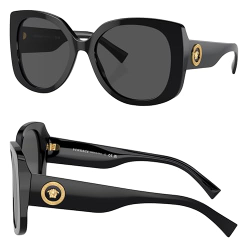 Versace VE4387 56mm Non-Polarized Rectangle Sunglasses for Women – Black Acetate Frame with Black Temples, 100% UV Protection, Lightweight & Comfortable Sunglasses, eShades Eyewear Kit Included