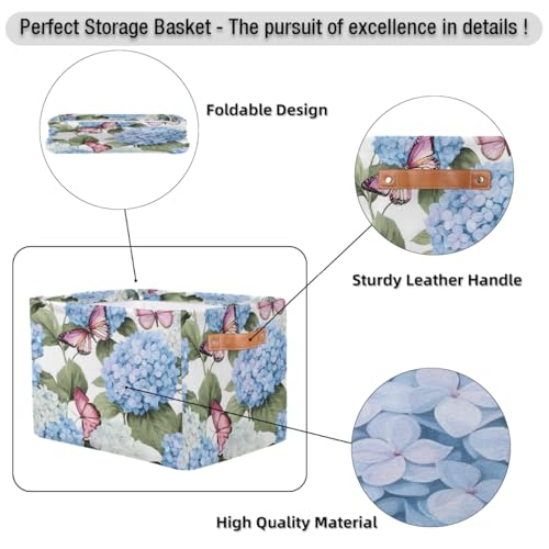 Image of Blue Hydrangea Flowers Storage Baskets for Organizing, Fabric Collapsible Storage Bins Box Pink Butterfly Decorative Toy Organizer Baskets for Closet Shelves Gift Basket 1 Pc
