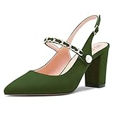 HEUIVZAR Pumps de Mujer Slingback Puntiaguada Punta Ancho Chunky Alto High Heel Correa Tobillo Sandalias Ante Dress Zapatos Novia de Boda Oliva Verde 8 CM 36 EU