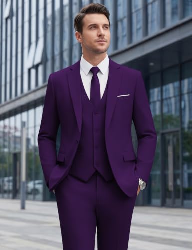 Image of WULFUL Men's Slim Fit Suit One Button 3-Piece Blazer Dress Business Wedding Party Jacket Vest & Pant