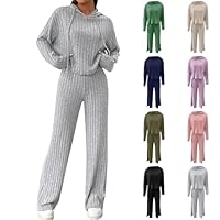 Lounge Wear Sets for Women UK 2 Piece Knitted Tracksuit Sets Oversized Long Sleeve Hooded Tops and Wide Leg Bottoms Solid Colour Casual Comfy Homewear