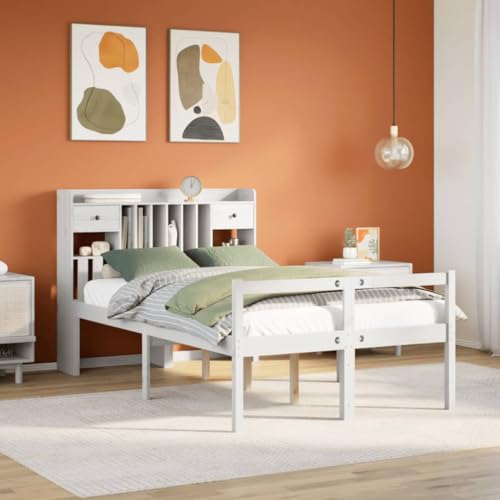 Mokuyary Cama de madera maciza con estante sin colchón, color blanco, 135 x 190 cm, marco de cama de pino, cama con somier, plataforma de somier, marco de cama, fácil montaje para dormitorio