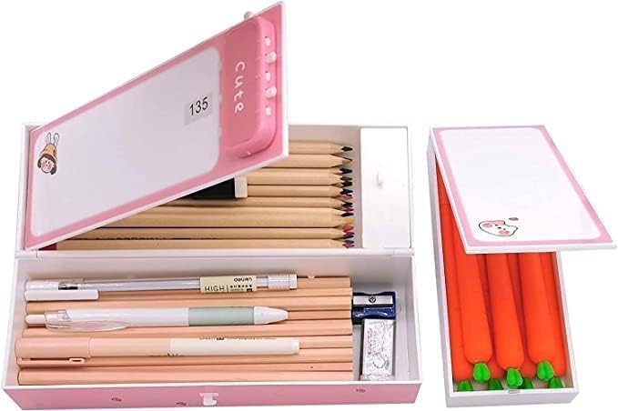 Image of WORSHIPER New Cartoon Theme Pencil Box with Push Pull Eraser Set for Kids | Suitcase Style Password Lock Stationery Organizer | School Supplies Gift Combo for Boys & Girls (Cute Pink + Eraser)