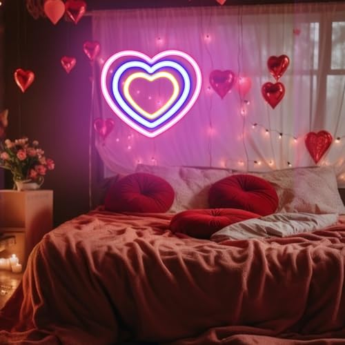 Image of Three-colour Heart Neon Signs for Wall Decor Colourful Led Neon Signs for Bedroom Wall Neon Lights for Home Party Wedding Bachelorette Parties Marriage Proposals Birthday Parties Christmas Decorations