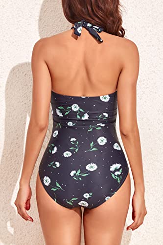 Image of Smismivo Tummy Control Swimwear Halter One Piece Slimming Vintage Retro Swimsuit Womens Ruched Push Up Bathing Suit