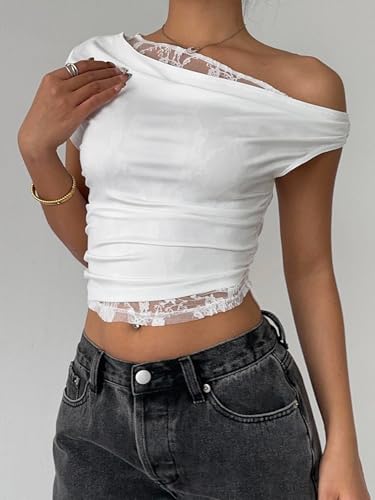 Verdusa Women's Lace Top Off The Shoulder Elegant Crop Shirts Going Out Tops2
