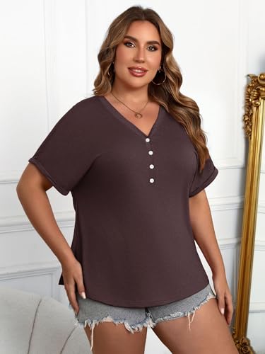 HDLTE Plus Size Tops for Women Summer V Neck Short Sleeve Tee Shirts Button Casual Loose Fit Blouse2