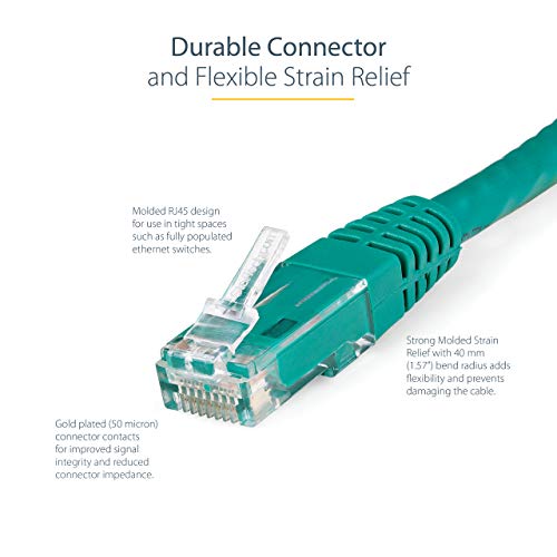 Image of StarTech 50ft CAT6 Ethernet Cable - Green CAT 6 Gigabit Ethernet Wire -250Mhz 100W PoE RJ45 UTP Molded Network Patch Cord with Strain Relief (C6PATCH50GN) | 250MHz bandwidth, Gold-plated RJ45, Patch Cable, Ethernet Cord, UTP Molded Network, Strain Relief, 10Gbps speeds