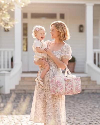 Image of Blissful Diary Toile Diaper Caddy Organizer, Stylish Nursery Storage Basket, Gift for Baby Shower, Newborn Essentials, Registry Search Must Haves, Pink Toile