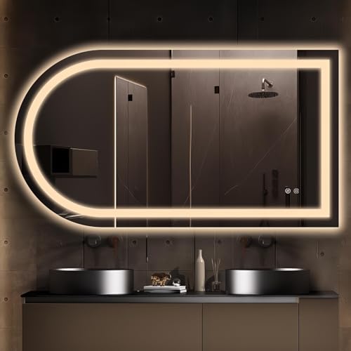 Niccy Arched LED Bathroom Mirror, 55x30 Arch Wall Mounted Frameless Bathroom Mirror for Vanity, Smart Lighted Frontlit Mirrors with Memory Function for Bathroom Bedroom Beauty Hair Salon